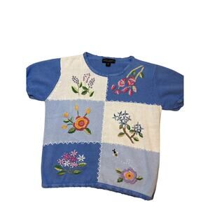 Vintage Embroidered Patchwork Short Sleeve Sweater Medium